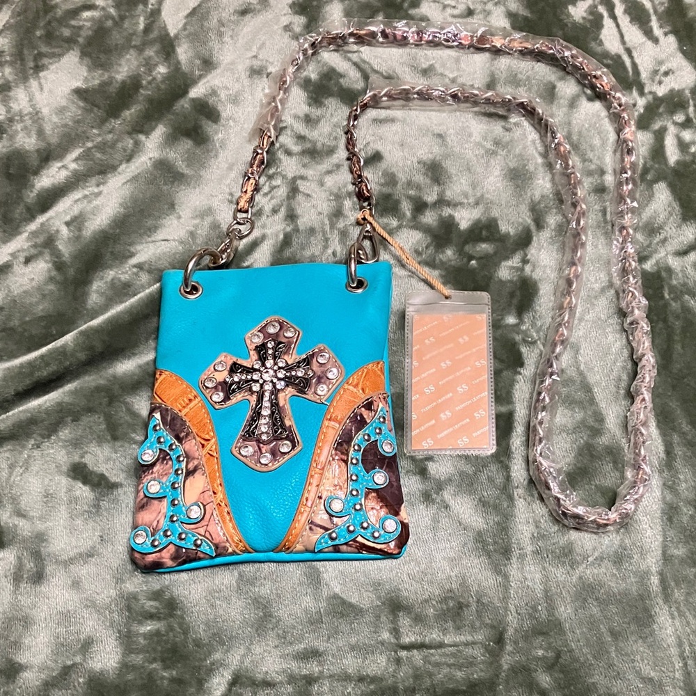 Turquoise Cross Accent Chain Strap Crossbody Bag